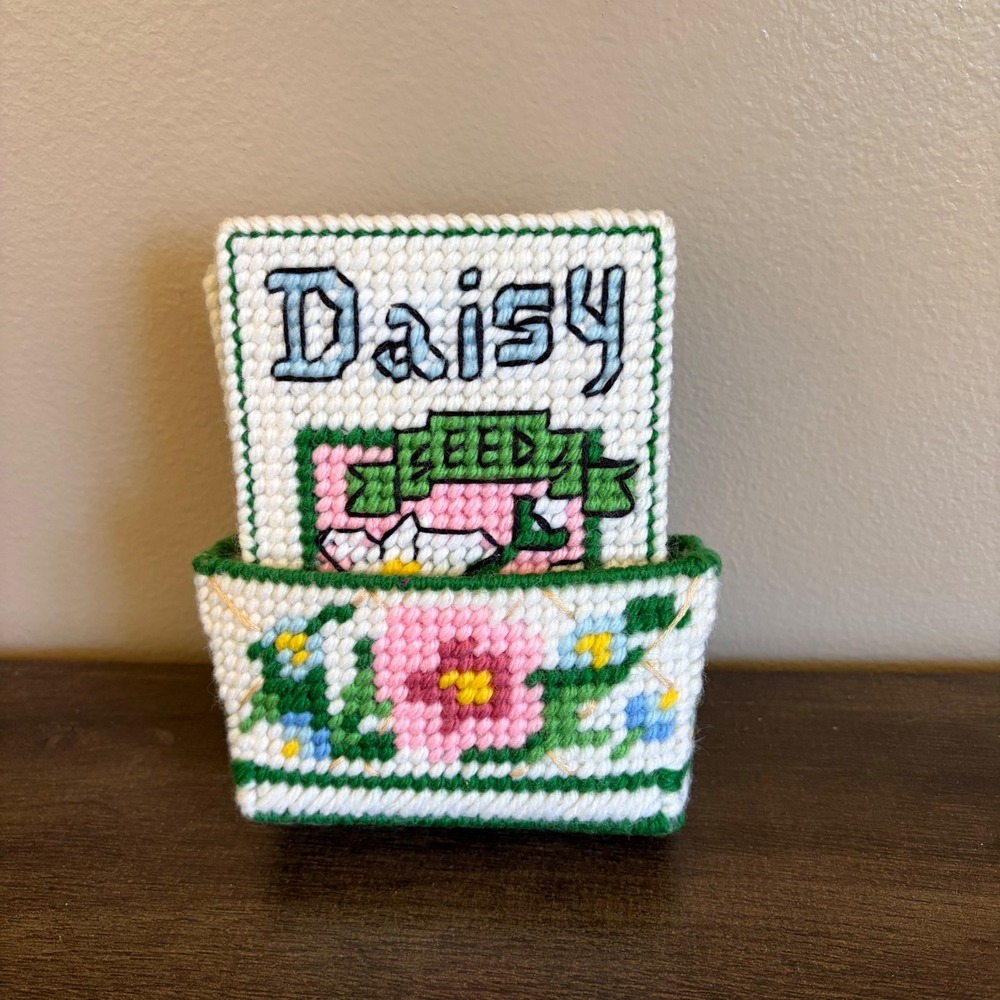 Vintage Handmade Needlepoint Seed Packet Flower Coasters Set of 6 with Holder